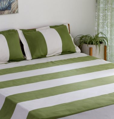 Broad Stripe Cotton Bed Sheet Green/White  – With 2 pillow covers