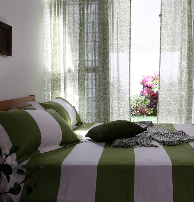 Broad Stripe Cotton Bed Sheet Green/White  - With 2 pillow covers