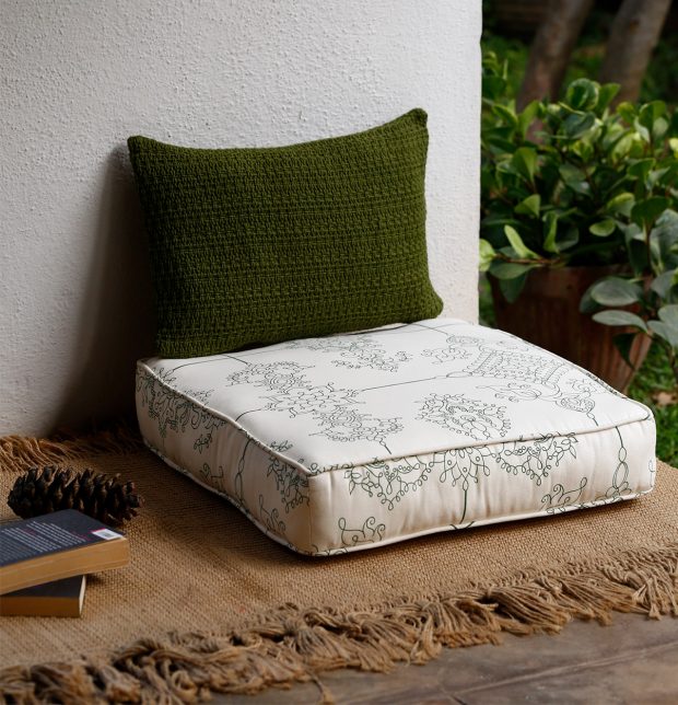 Customizable Floor Cushion, Cotton - Classic Lines  - Green/Beige