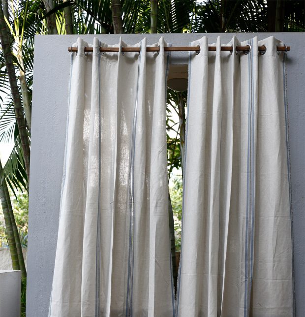 Customizable Linen Curtain - Selvedge - Neutral/Blue