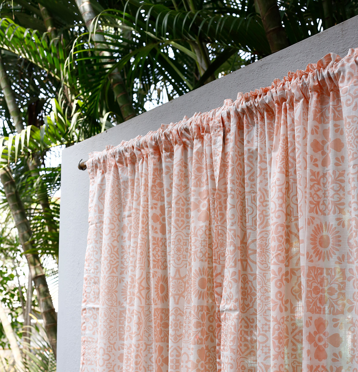 Tiles Print Slub Sheer Cotton Curtain Blush Pink