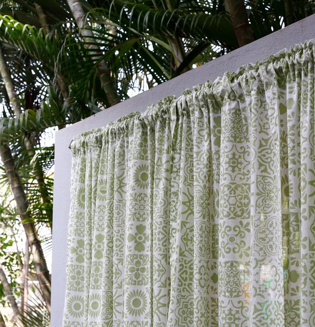 Tiles Print Slub Sheer Cotton Curtain Green