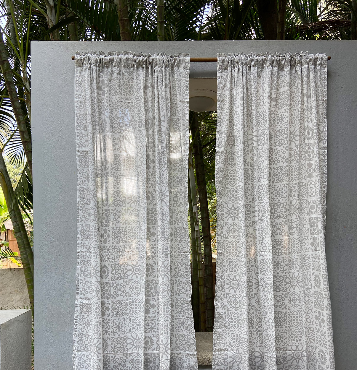 Customizable Sheer Curtain, Slub Cotton -Tiles Print – Grey