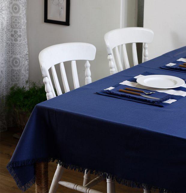 Solid Cotton Table Cloth Indigo Blue With Fringes