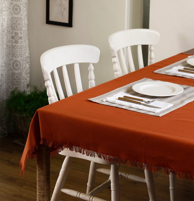 Solid Cotton Table Cloth Rust Orange With Fringes