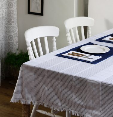Fine Stripes Cotton Table Cloth White/Blue With Fringes