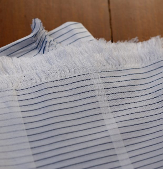 Fine Stripes Cotton Table Cloth White/Blue With Fringes