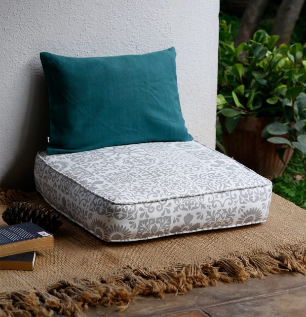 Customizable Floor Cushion, Cotton - Tiles Print- Grey