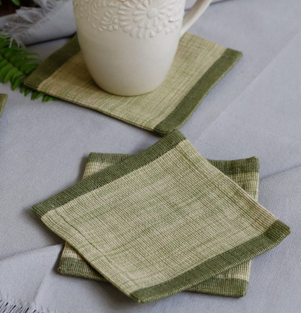 Handwoven Stripe Cotton Coasters Olive Green– Set of 6