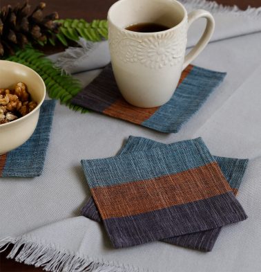 Handwoven Stripe Cotton Coasters Smoke Blue– Set of 6