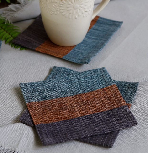 Handwoven Stripe Cotton Coasters Smoke Blue– Set of 6