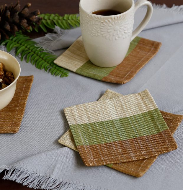 Handwoven Stripe Cotton Coasters Beige/Green – Set of  6