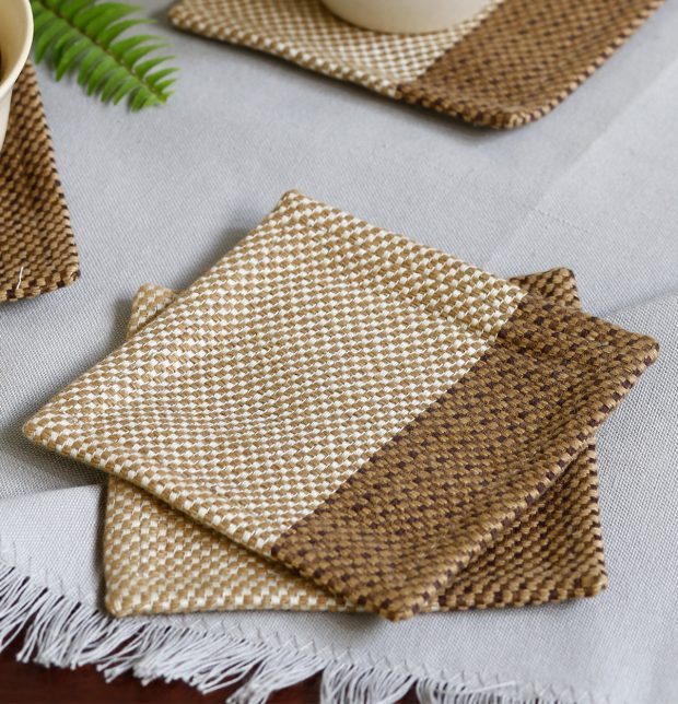 Handwoven Stripe Cotton Coasters Cocoa Brown – Set of 6