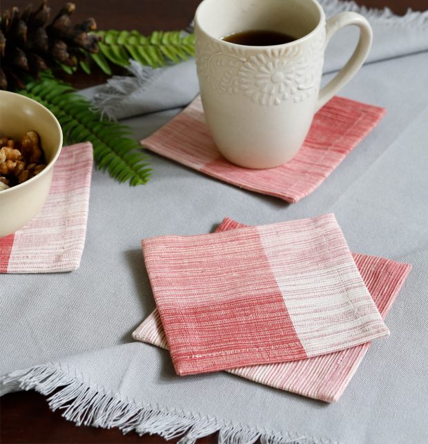 Handwoven Checks Cotton Coasters Dusty Rose– Set of 6