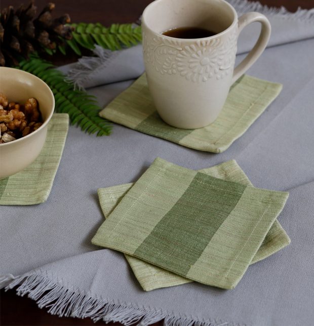 Handwoven Stripe Cotton Coasters Nile Green– Set of 6
