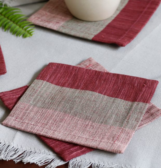 Handwoven Stripe Cotton Coasters Ruby Wine – Set of 6
