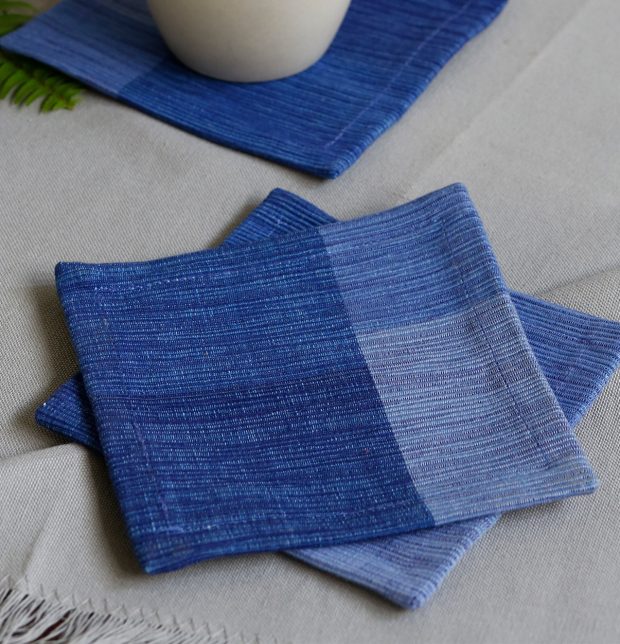 Handwoven Checks Cotton Coasters Shades of Blue– Set of 6