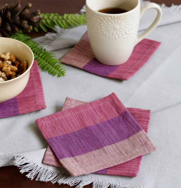 Handwoven Stripe Cotton Coasters Shades of Pink – Set of 6