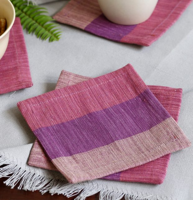 Handwoven Stripe Cotton Coasters Shades of Pink – Set of 6