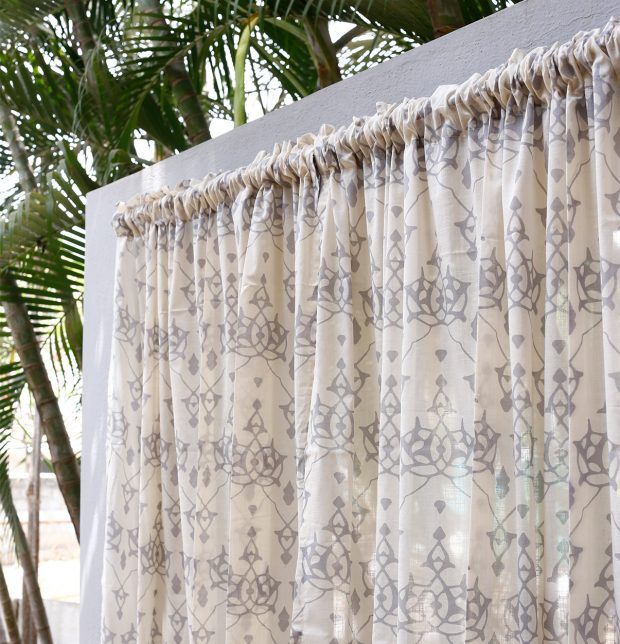 Customizable Slub Sheer Curtain, Cotton - Arabic Chevron - Grey/Beige