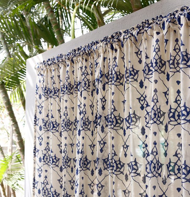Customizable Slub Sheer Curtain, Cotton - Arabic Chevron - Indigo/Beige