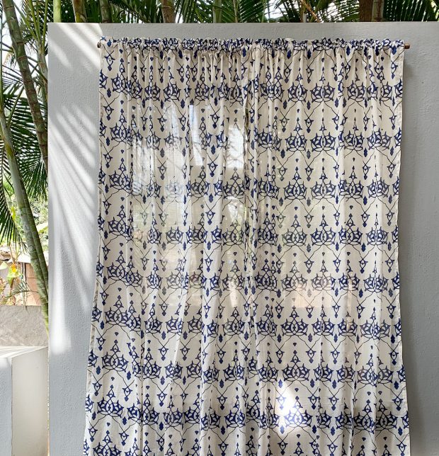 Customizable Slub Sheer Curtain, Cotton - Arabic Chevron - Indigo/Beige