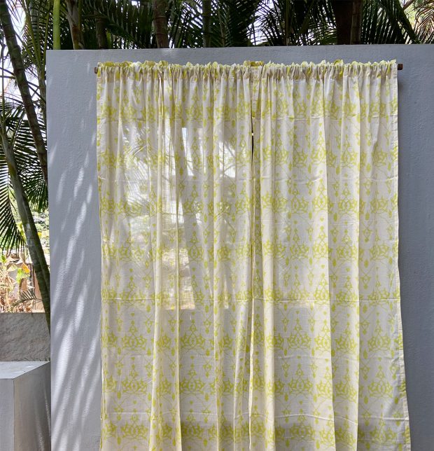 Customizable Slub Sheer Curtain, Cotton - Arabic Chevron - Lemon Green/Beige
