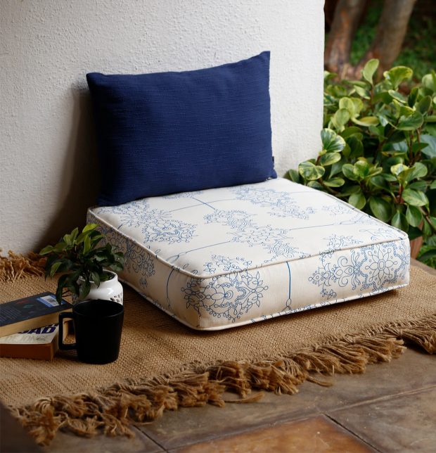 Customizable Floor Cushion, Cotton - Classic Lines  - Blue/Beige