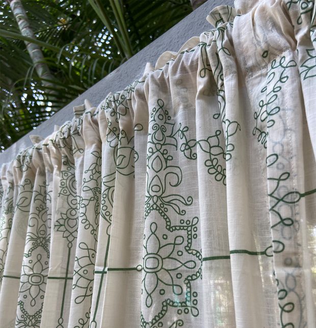 Customizable Slub Sheer Curtain, Cotton - Classic Lines - Green/Beige