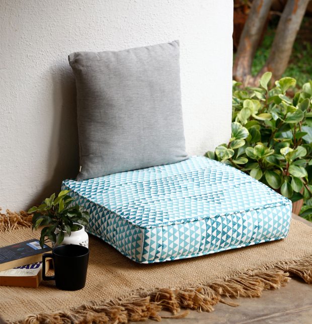 Customizable Floor Cushion, Cotton - Star Triangles - Aqua blue
