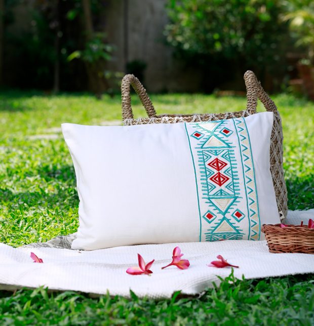 Aztec Embroidered Cotton Cushion cover White 12