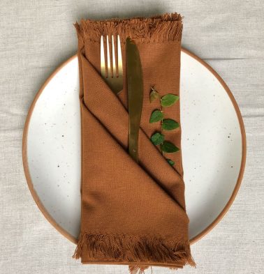 Solid Cotton Table Napkins With Fringes Amber Brown Set of 6