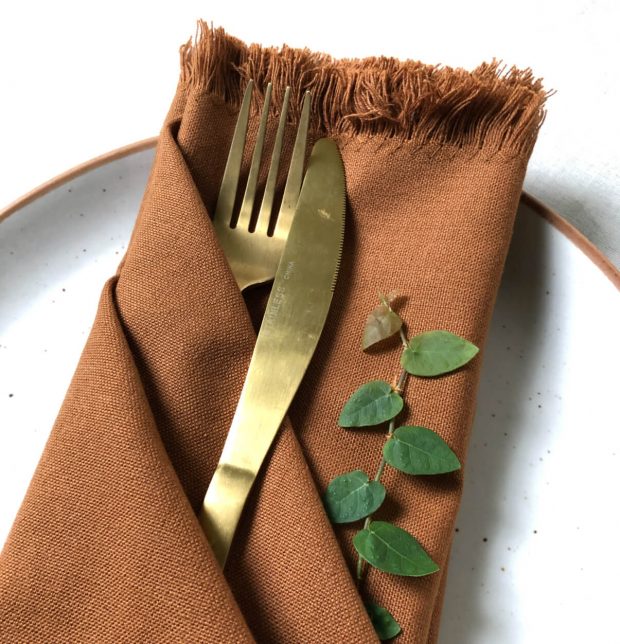 Solid Cotton Table Napkins With Fringes Amber Brown Set of 6
