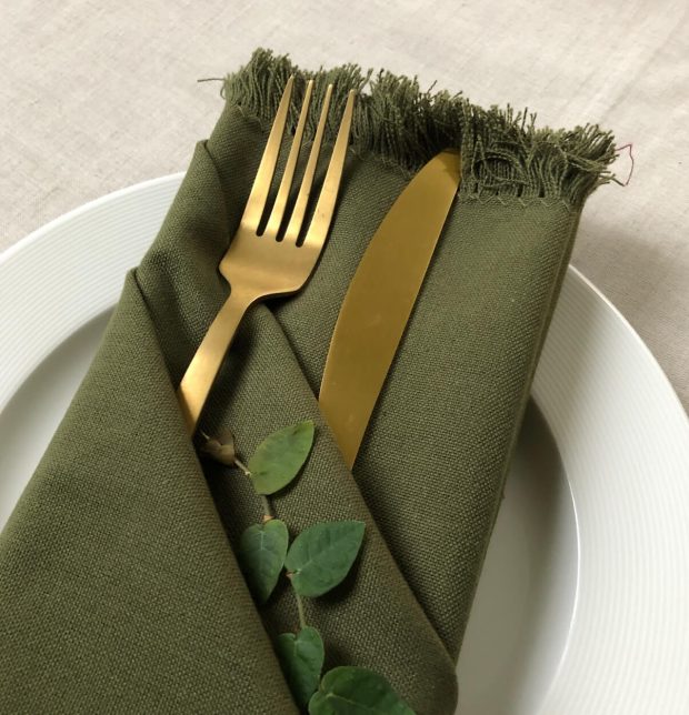 Solid Cotton Table Napkins With Fringes Avacado Green Set of 6