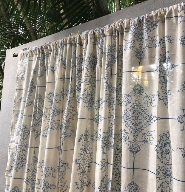 Customizable Slub Sheer Curtain, Cotton - Classic Lines - Blue/Beige