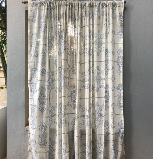 Customizable Slub Sheer Curtain, Cotton - Classic Lines - Blue/Beige