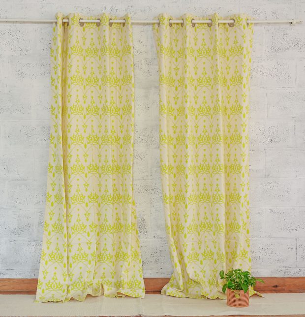 Customizable Curtain, Cotton - Arabic Chevron - Lemon Green/Beige