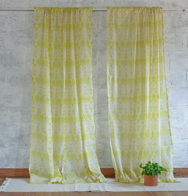 Customizable Slub Sheer Curtain, Cotton - Arabic Chevron - Lemon Green/Beige