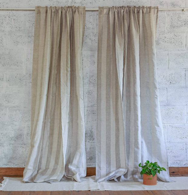 Broad Stripes Linen Semi Sheer Curtain Beige/White