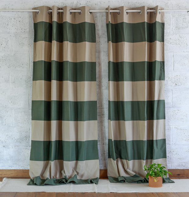 Customizable Curtain, Cotton - Broad Stripes - Beige/Green