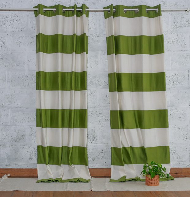 Customizable Curtain, Cotton - Broad Stripes - Green/White