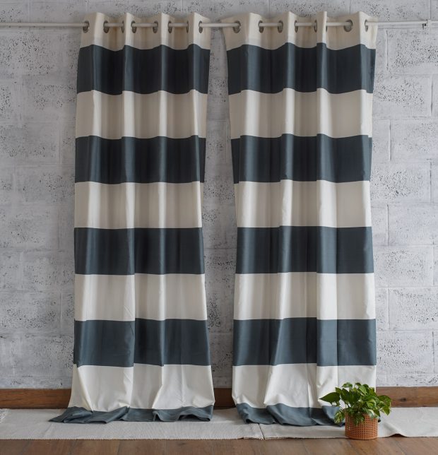 Customizable Curtain, Cotton - Broad Stripe - Silver Blue