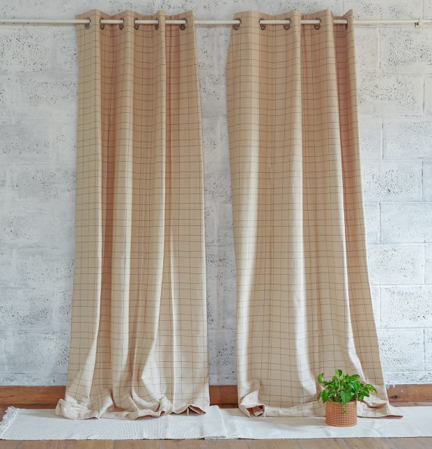 Customizable Curtain, Brown Checks Cotton - Beige