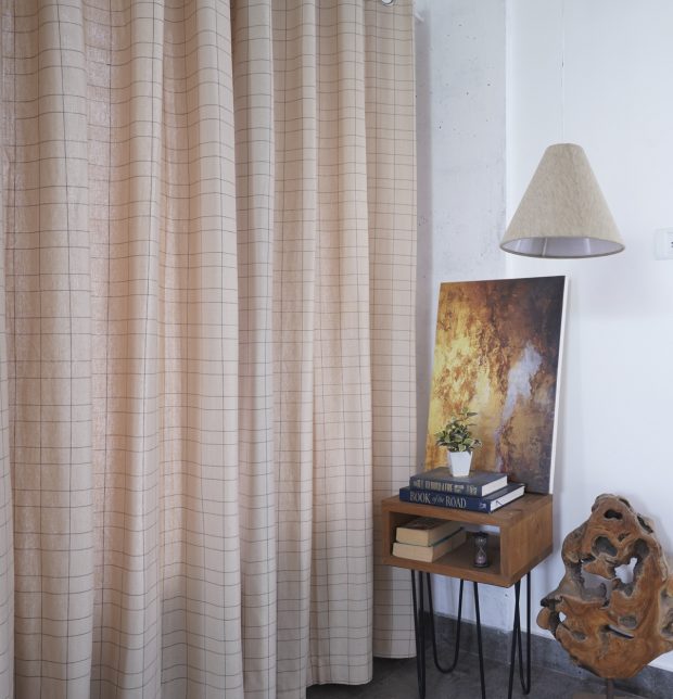 Customizable Curtain, Brown Checks Cotton - Beige