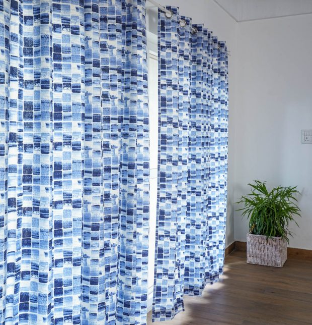Customizable Curtain, Cotton - Brush Stroke Cubes  Blue
