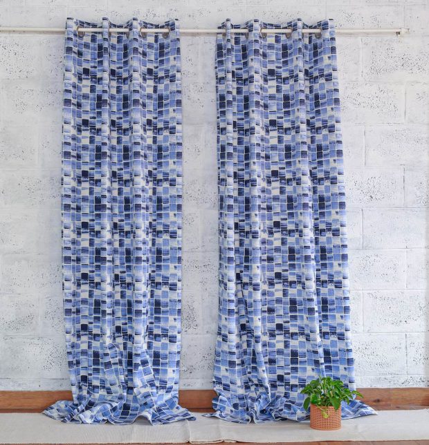 Customizable Curtain, Cotton - Brush Stroke Cubes  Blue