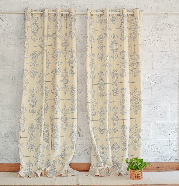 Classic Lines Cotton Curtain Blue/Beige