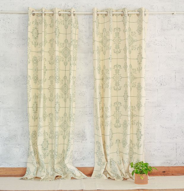 Classic Lines Cotton Curtain Green/Beige