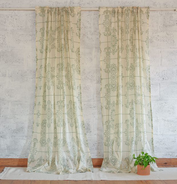Customizable Slub Sheer Curtain, Cotton - Classic Lines - Green/Beige