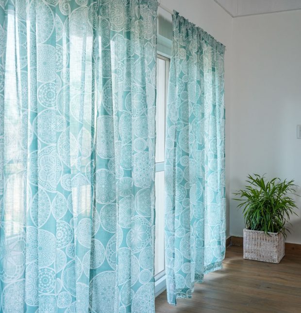 Customizable Slub Sheer Curtain, Cotton - Dreamcatcher - Teal Blue